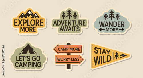 Outdoor Adventure Stickers With Mountains Trees Tent And Inspirational Quotes vector illustration