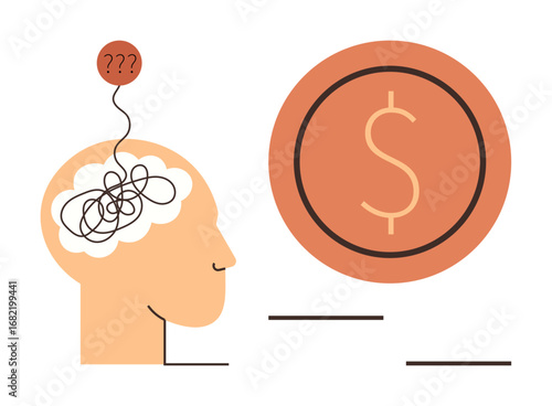 Human head with tangled lines symbolizing confusion, thought bubble with question marks, and prominent dollar sign. Ideal for finance, decision-making, economics, psychology, investment