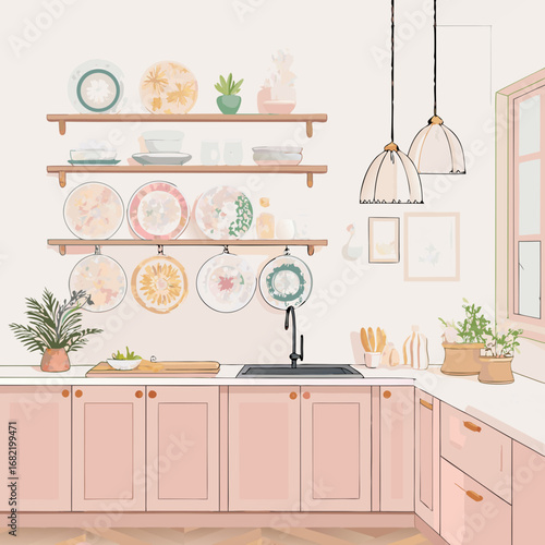 Charming kitchen scene with decorative plates on shelves, plants, and modern cabinetry, evoking a cozy and stylish home atmosphere.