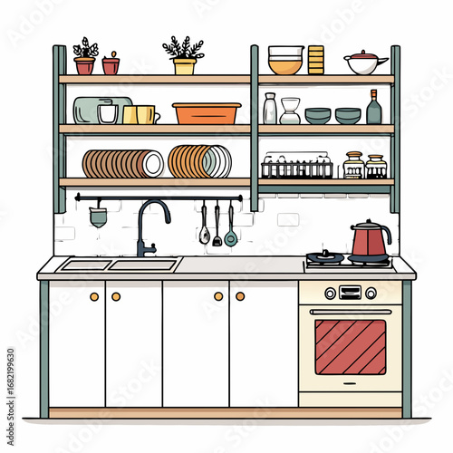 Cozy kitchen scene with open shelving displaying dishes, cookware, and plants, featuring a sink and stove