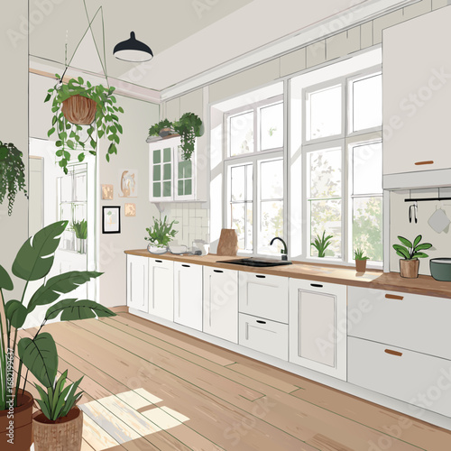 Bright, airy kitchen with abundant natural light and lush green plants creates a serene and inviting home atmosphere