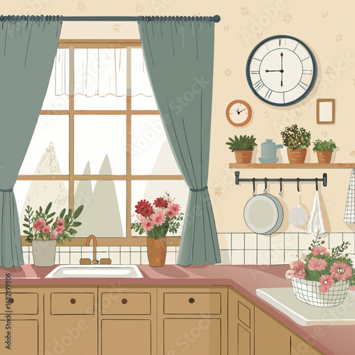 Cozy kitchen interior scene with floral accents, sink, cabinets, window view of snowy mountains, and decorative clock