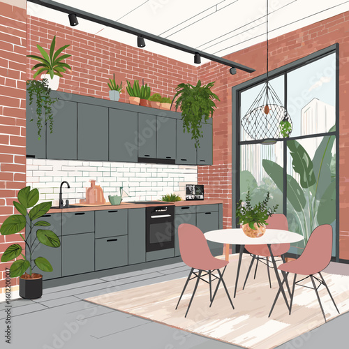 Chic modern kitchen with exposed brick, abundant greenery, and a cozy dining nook, perfect for contemporary home design inspiration.
