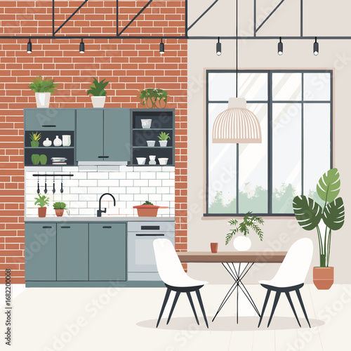 Modern loft kitchen dining area with brick wall, plants, and large window creating a bright, inviting, and stylish living space.