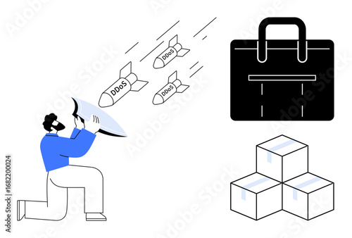 Person using a shield to defend against DDoS attacks symbolized as missiles, next to a briefcase and stacked parcels. Ideal for cybersecurity, protection, logistics, business, threat defense