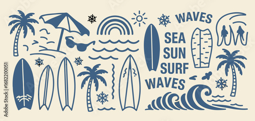 Summer Beach Surf Tropical Palm Trees Waves Sun Sunglasses Retro Design vector illustration