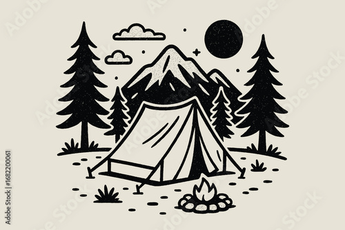 Vintage Camping Vector Illustration. Tent, Mountains, Trees, And Campfire In Hand-Drawn Style