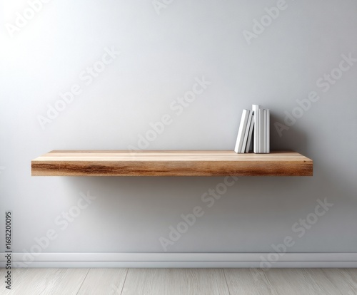 A simple wooden floating shelf against a light gray wall displays a stack of white books.