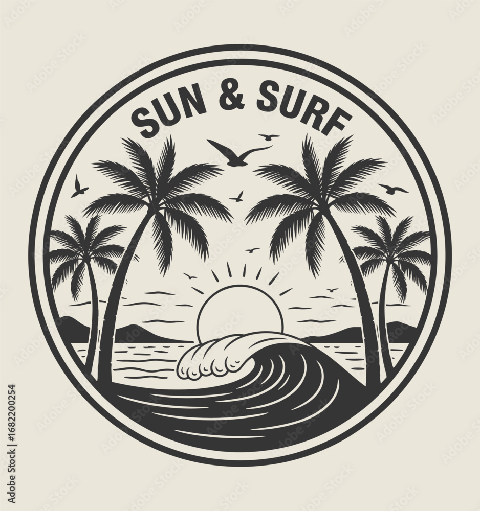 Fototapeta premium Sun And Surf Emblem With Palm Trees Ocean Waves And Flying Birds beach