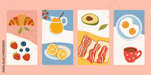 A delightful collection of breakfast foods including a croissant berries orange juice avocado toast with bacon fried eggs and coffee