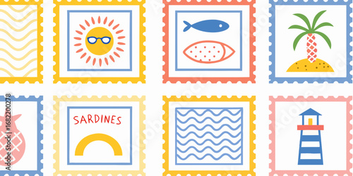 Collection of cheerful colorful and playful summer themed postage stamps with beach and ocean motifs