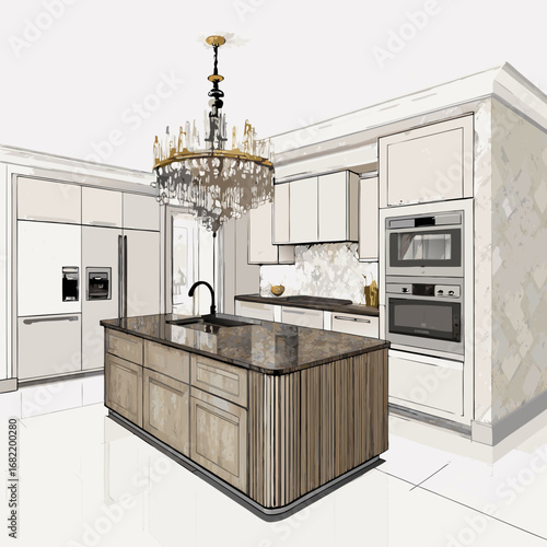 Luxurious modern kitchen design featuring a stunning marble island, sleek cabinetry, and elegant chandelier for sophisticated home interiors