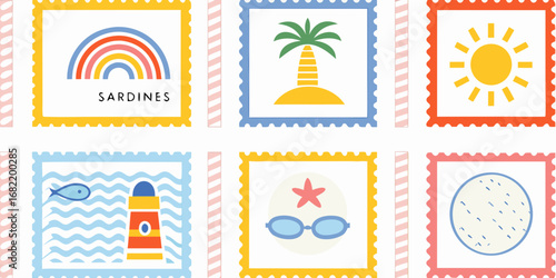 Collection of stylized summer vacation themed postage stamps with playful illustrations and bright colors