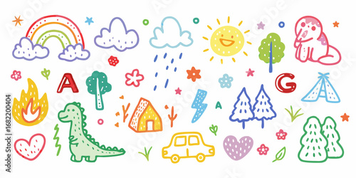 Whimsical hand drawn elements featuring rainbow sun clouds dinosaur car tent and letters