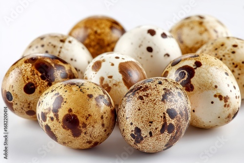 A group of speckled quail eggs clustered together on a plain white surface
