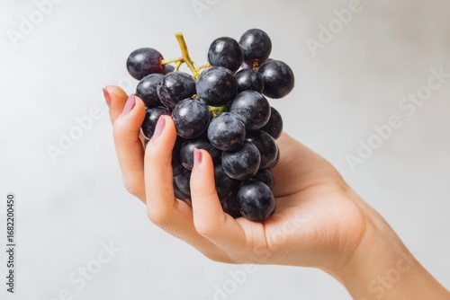 A hand holds a bunch of dark grapes
