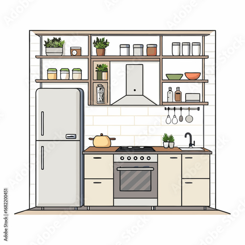 Cozy illustrated kitchen scene with refrigerator, stove, sink, and shelves filled with plants and jars creating a warm domestic atmosphere