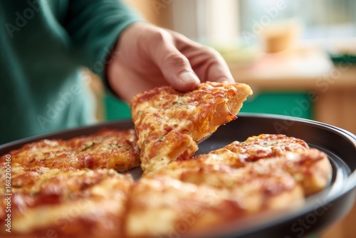 A hand holds a slice of cheesy pizza above a dark pan filled with pizza slices in a blurred kitchen setting