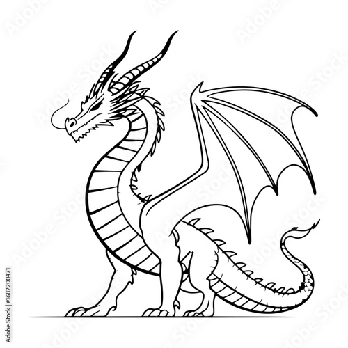 Black and white line art illustration of a powerful dragon—very attractive and versatile for fantasy novel covers, game concept art, or horror-fantasy poster designs.