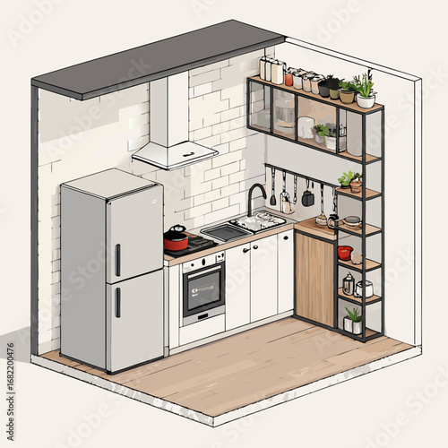 Charming isometric kitchen design showcasing modern appliances and stylish open shelving, perfect for home decor inspiration and interior design projects.