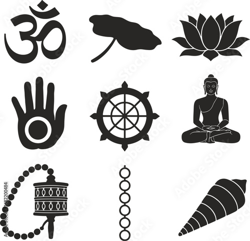 Collection of Buddhist Symbols and Figures in Silhouette on White buddhism religion