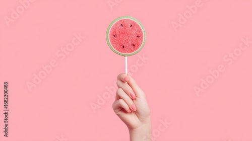 A hand holds a watermelon lollipop against a pink background