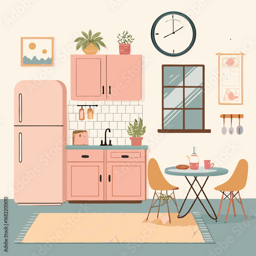 Charming retro kitchen scene with pastel pink cabinets, vintage fridge, and cozy dining nook perfect for morning coffee or afternoon tea.