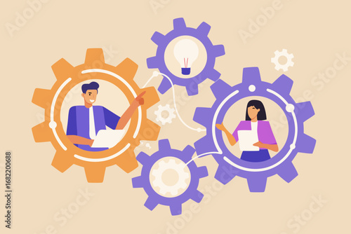 Business people collaborating and sharing ideas within a connected gear system symbolizing teamwork and innovation