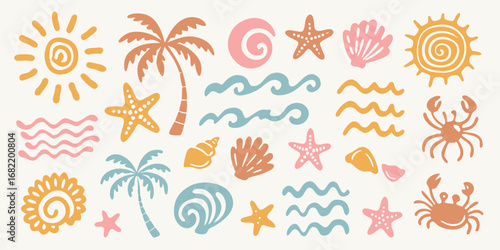 Collection of cute cartoon beach elements including suns palm trees waves shells starfishes and crabs