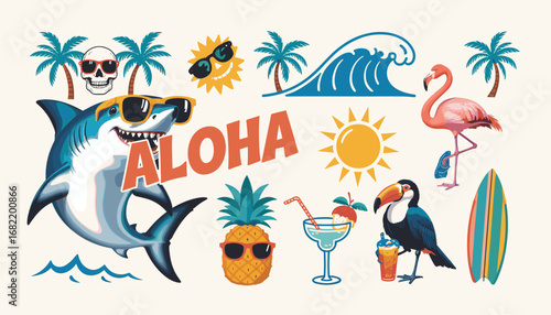 Tropical Summer Beach Vibes Aloha Shark Flamingo Toucan Pineapple And Sun