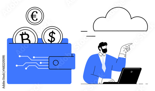 Blue wallet holding euro, bitcoin, dollar coins business professional at laptop pointing toward cloud. Ideal for finance, cryptocurrency, investment, technology, cloud storage, online transactions