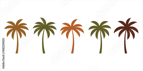 Five palm trees in various shades of brown and green nature tropical