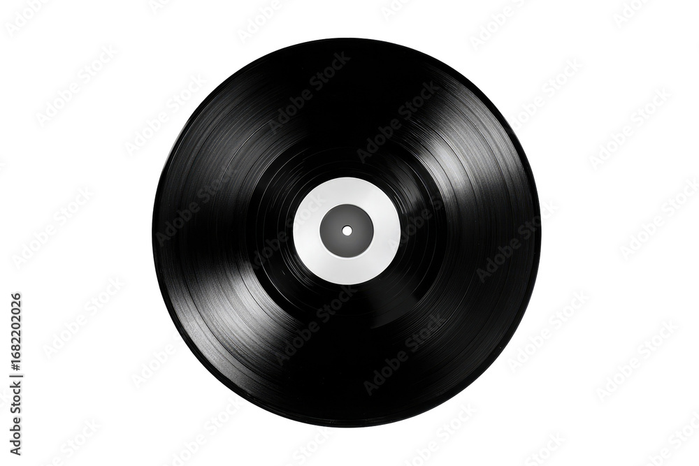 Obraz premium Black vinyl record, close-up view. A circular, glossy black vinyl record with a central, white, circular label. Visually smooth, dark, and detailed