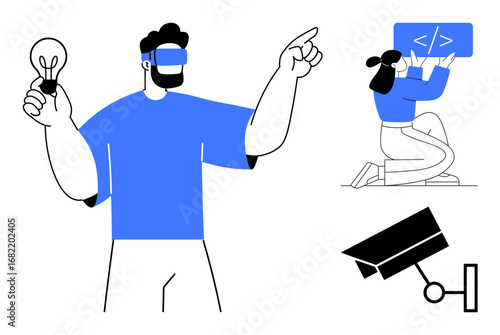 Man with VR headset holding a bulb pointing forward, woman writing code on screen, and security camera. Ideal for innovation, coding, learning, security, advancement, teamwork simple landing page