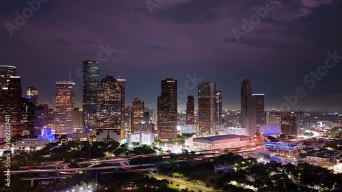 Hyperlapse Drone Video of Houston Texas Skyline with Traffic and Storm Clouds at Twilight
