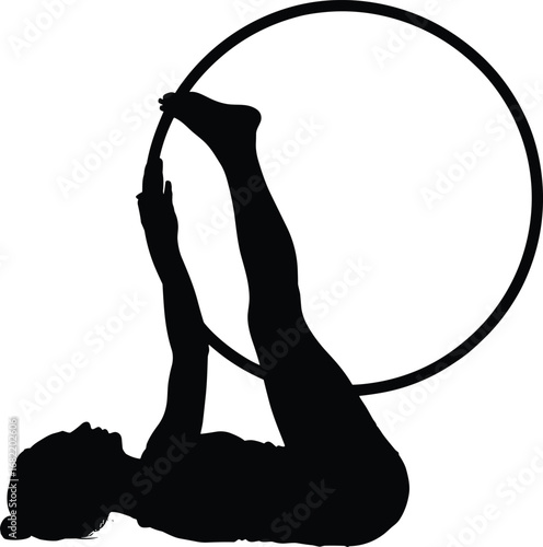Silhouette of a woman performing aerial hoop gymnastics on white background athlete