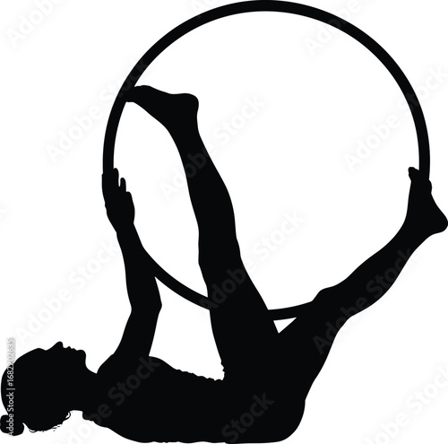 Silhouette of a woman performing aerial hoop gymnastics on white background athlete