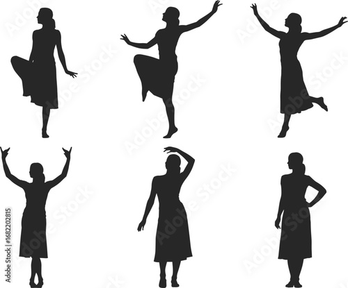 Silhouettes of a woman in various graceful dance poses on white background dancer ballet
