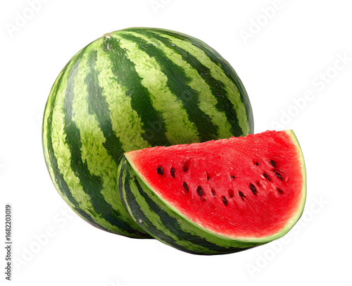 Fresh and juicy watermelon on a white background, showcasing its vibrant green rind and refreshing red flesh with black seeds.