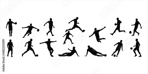 Silhouettes of soccer players in action with a ball on white background football sport