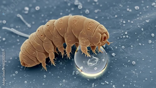Microscopic Tardigrade on Water Droplet Surface