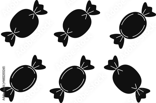 Six black silhouettes of wrapped candies on a white background candy sweet
