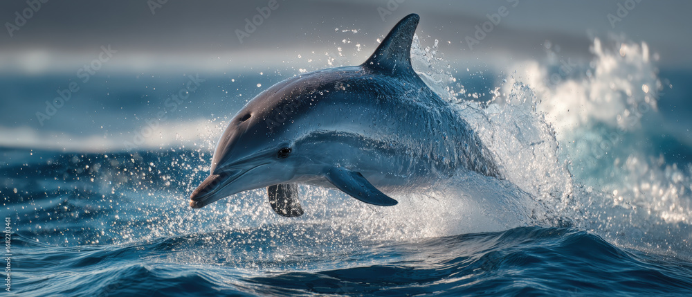 Fototapeta premium Playful dolphin leaping above ocean waves under clear blue sky