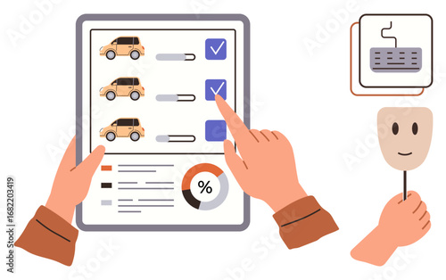 Hands interacting with a survey on tablet showing car options, graphs, and checkboxes. Accessories include a smile mask and a keyboard. Ideal for survey, feedback, user choice, research
