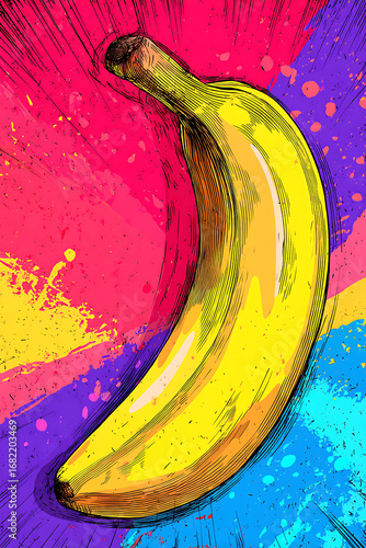 Vibrant artistic illustration of a banana against a colorful abstract background with splashes
