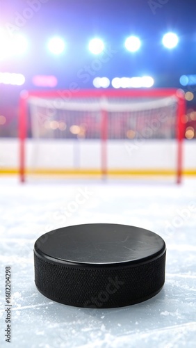 Hockey puck on ice rink with blurred stadium background