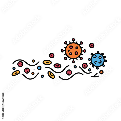 A vibrant virus particle, a flat 2D vector illustration, radiates, infecting a wave of smaller cells and illustrating the rapid spread of disease against a clean white background.