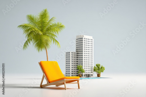 Fototapeta Naklejka Na Ścianę i Meble -  3d hotel icon with palm tree, sun lounger, and pool on white background