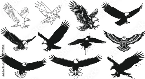 Eagle silhouette collection, flying eagle vector set, aggressive eagle clipart, tribal eagle illustration, bold bird of prey design elements
