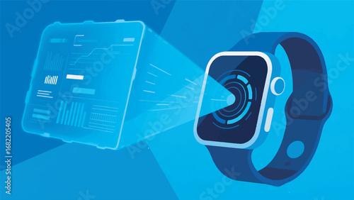 Illustration of Smartwatch Projecting Data Hologram Design Template with Abstract Background